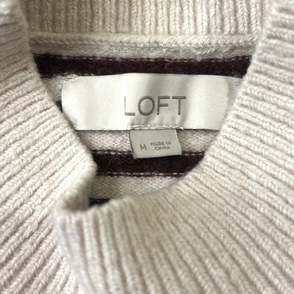 LOFT Mock Neck Short Sleeve Wool White Striped Pullover Sweater Women's Medium - Picture 6 of 13